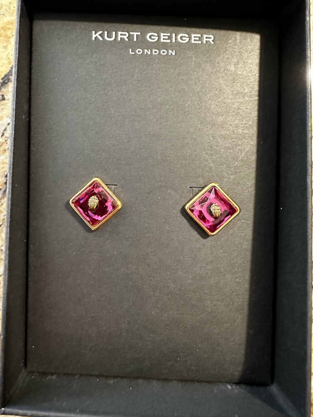 Kurt Geiger Gold-Tone Violet Color Square Crystal Stud Earrings